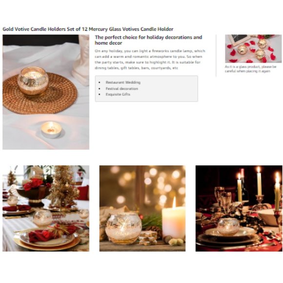 Set of 12 - Fireworks - Round Gold Mercury Glass Candle Holders (Bowl Shaped) - Picture 8 of 9